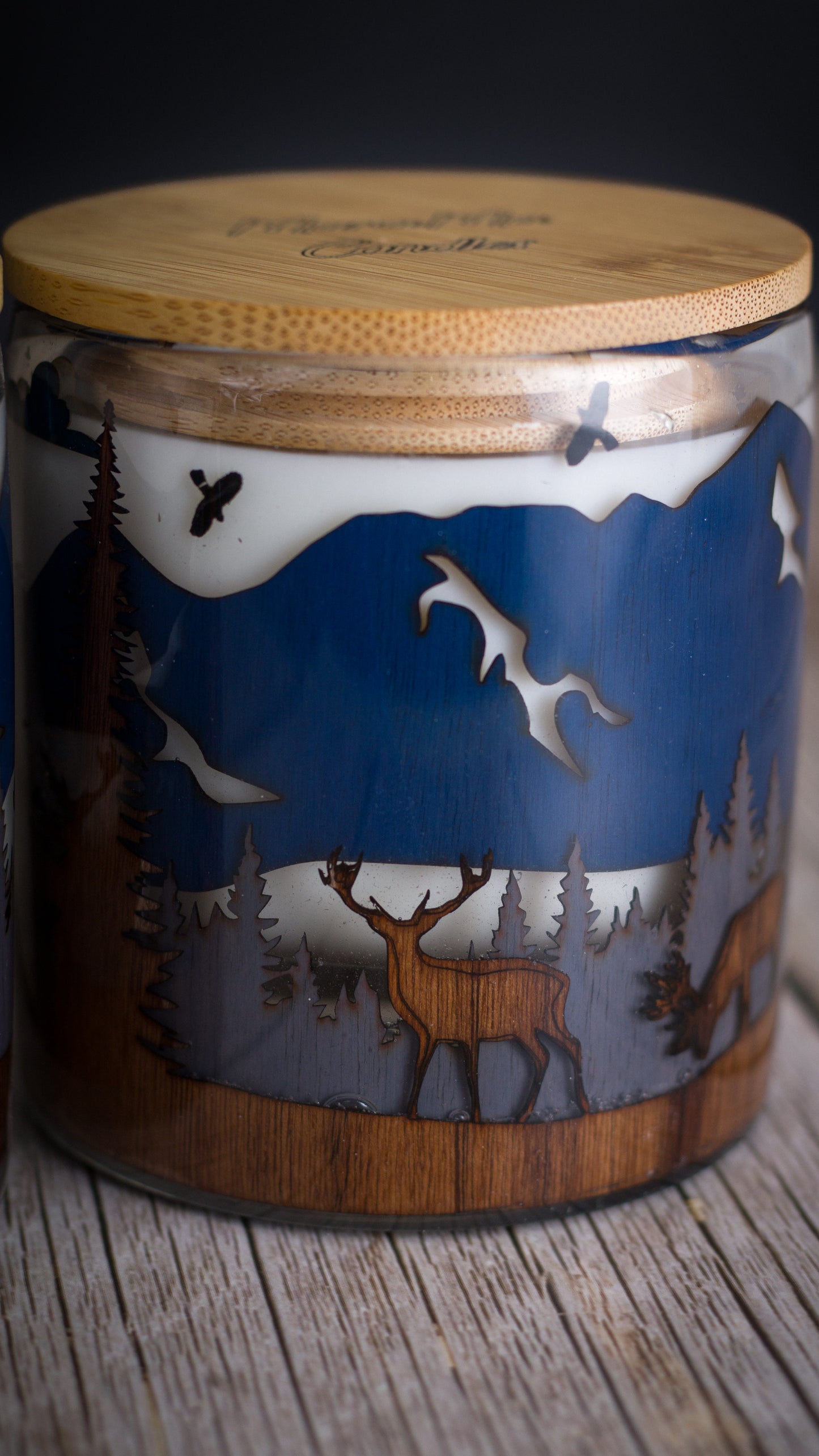 Soy Candle in Handmade Candlestick "Couple Deer in Woods"