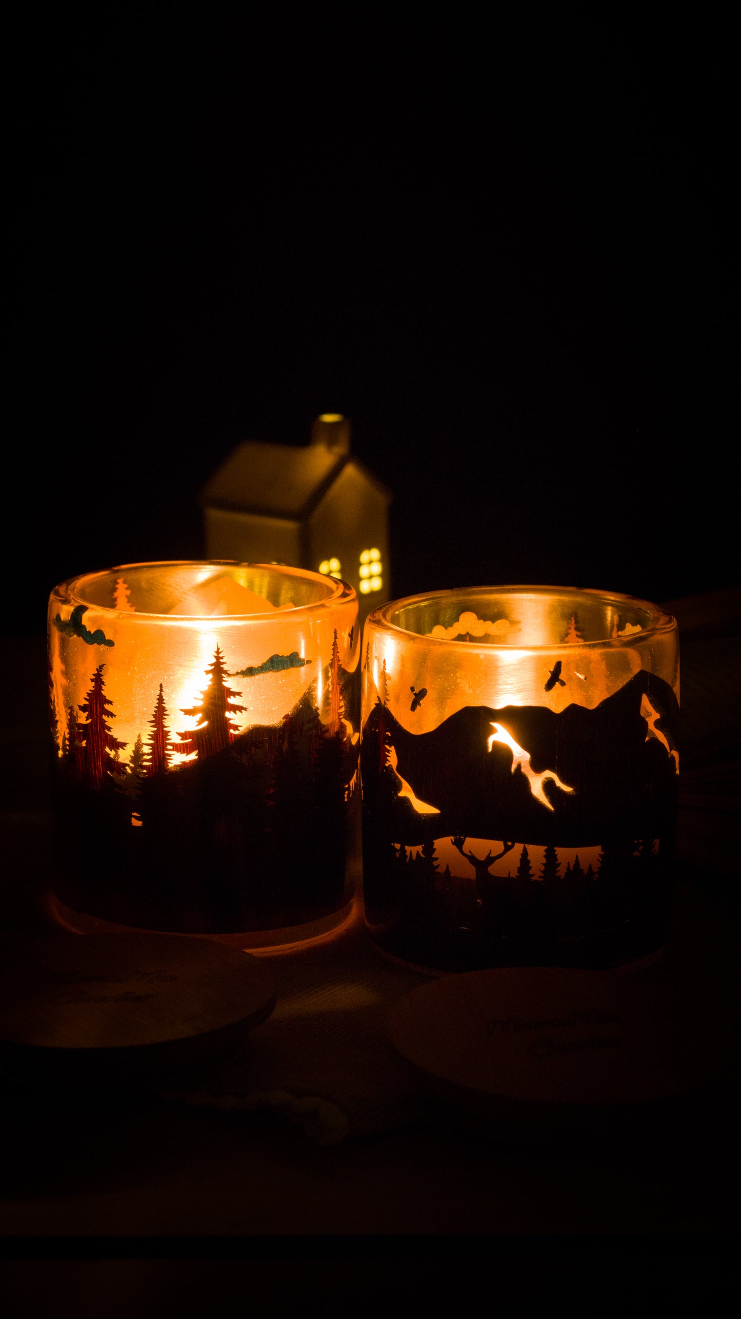 Soy Candle in Handmade Candlestick "Couple Deer in Woods"
